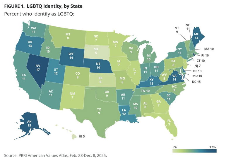Un mapa de EE. UU. que muestra el porcentaje de encuestados en cada estado que se identificaron como LGBTQ.