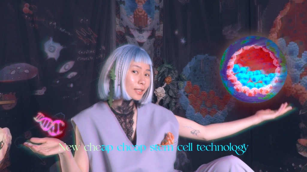 En placa de Petri cantamos: imagen abstracta de una persona sosteniendo células editadas y una cadena de ADN