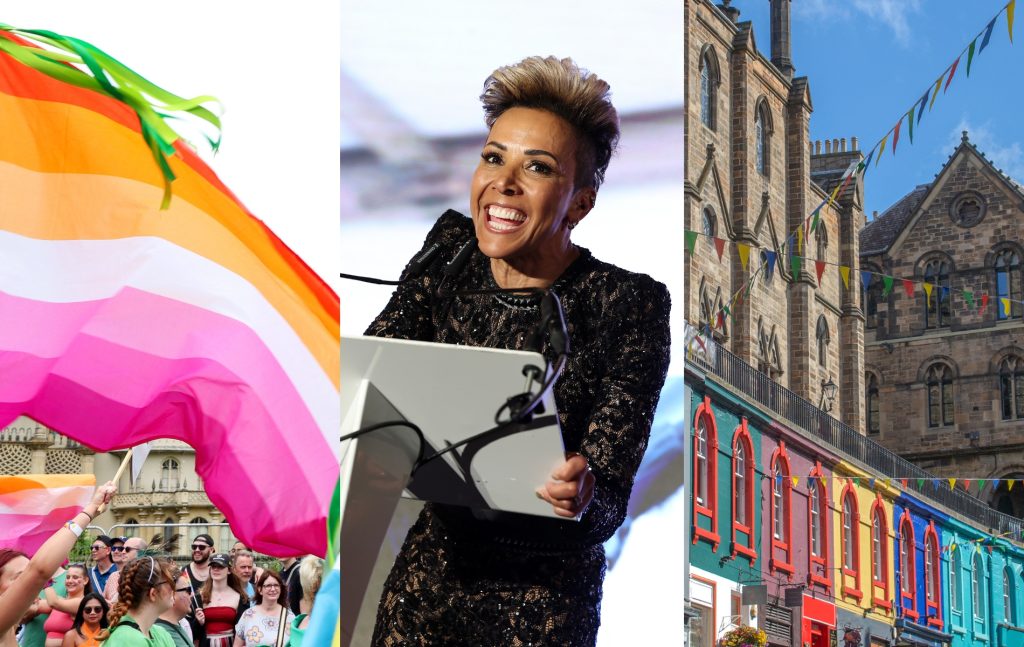 Lesbian Visibility Week: lesbian flag, Dame Kelly Holmes and image of Edinburgh street.