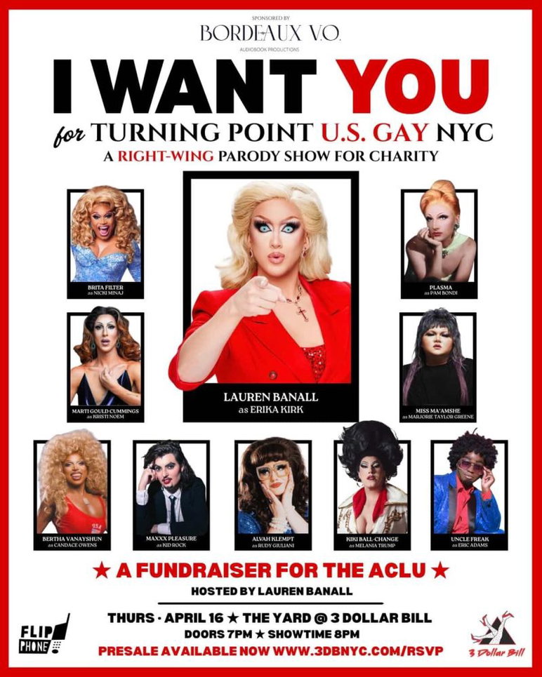 El cartel muestra a 10 artistas drag y enumera las figuras de derecha que retrataron en el espectáculo.