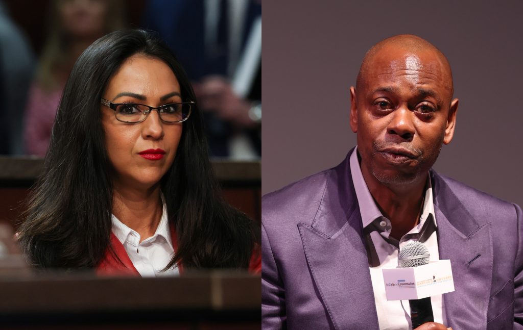 headshots of Lauren Boebert and Dave Chappelle