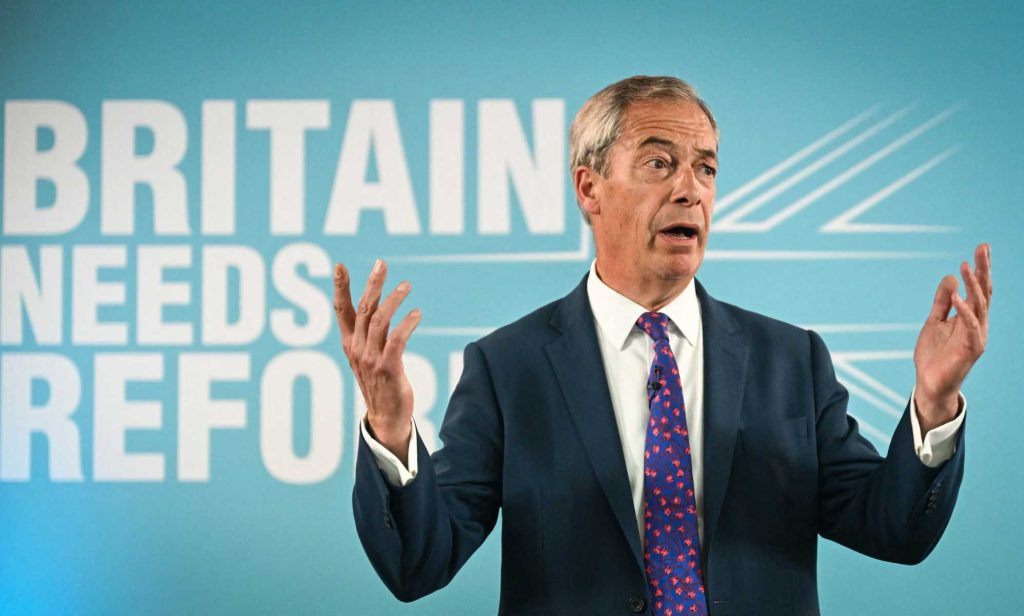 Leader of Reform UK Nigel Farage delivers a speech to launch the hard-right party