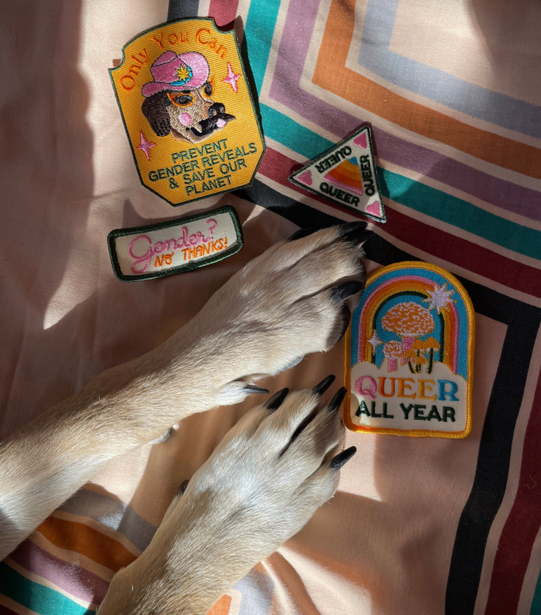 Patas de perro en un espacio en blanco rodeado por una variedad de parches bordados con temática LGBTQ+.
