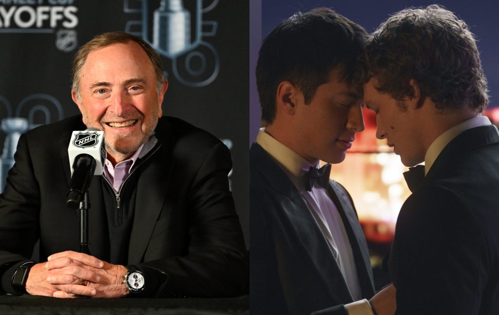 Two images: National Hockey League Commissioner Gary Bettman sat in front of a mic. Heated Rivarly still of Shane Hollander (Hudson Williams) and Ilya Rozanov (Connor Storrie) resting their foreheads together.