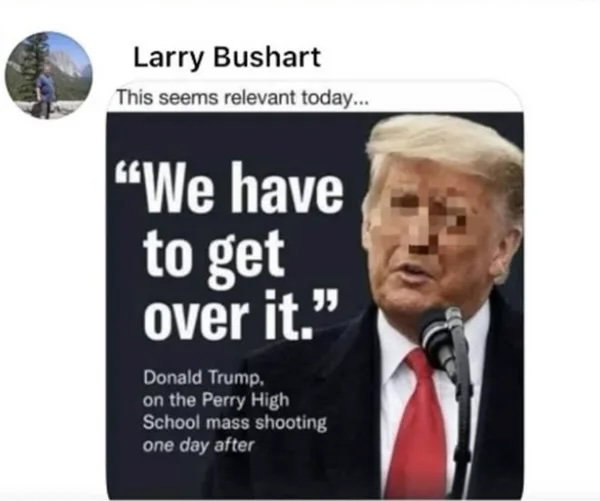 El meme muestra al presidente Trump, con los ojos digitalizados, diciendo: