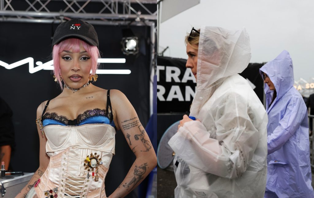 Doja Cat headshot in a corset dress beside image of festival goers at the entrance wearing rain ponchos.
