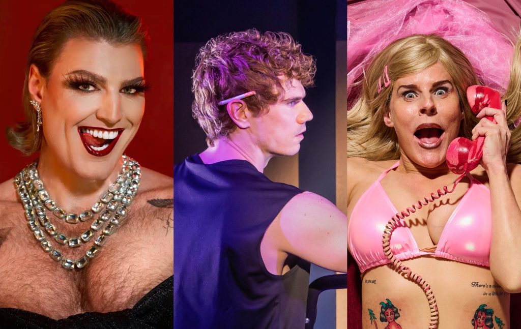 Edinburgh Fringe Festival act stills: Reuben Kaye: Hard To Swallow, The US cast of Heated Rivalry The Unauthorised Parody and Selina Mosinski: Puss In Boots – A Real Life Fairy Tale.
