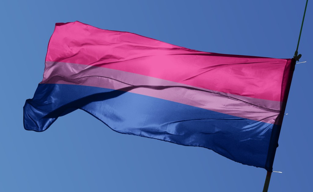 Los colores de la bandera del Orgullo bisexual: rosa, morado y azul.