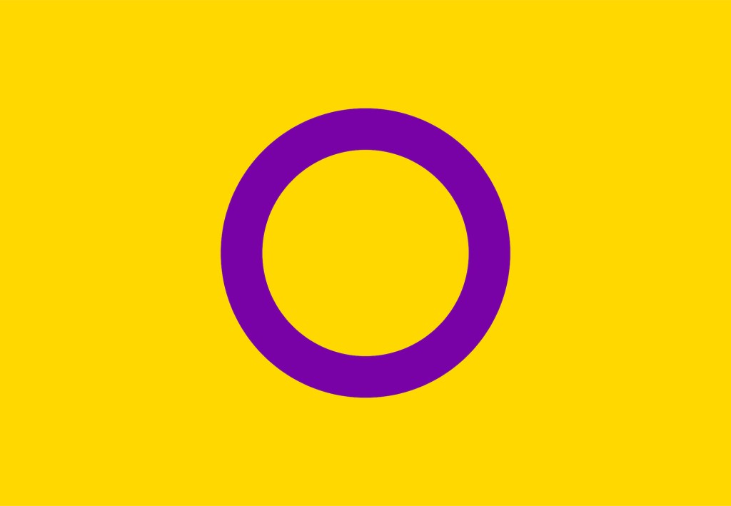 Los colores de la bandera del Orgullo Intersex son amarillo con un círculo morado en el centro.