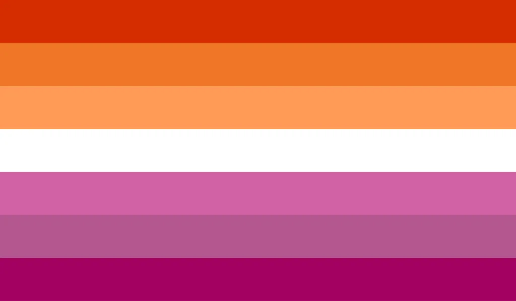 Las franjas y colores de la bandera del Orgullo lésbico incluyen naranja oscuro para "inconformidad de género", naranja para "independencia", naranja claro para "comunidad", blanco para "relaciones únicas con la feminidad", rosa para "serenidad y paz", rosa polvoriento para "amor y sexo" y rosa oscuro para "feminidad".