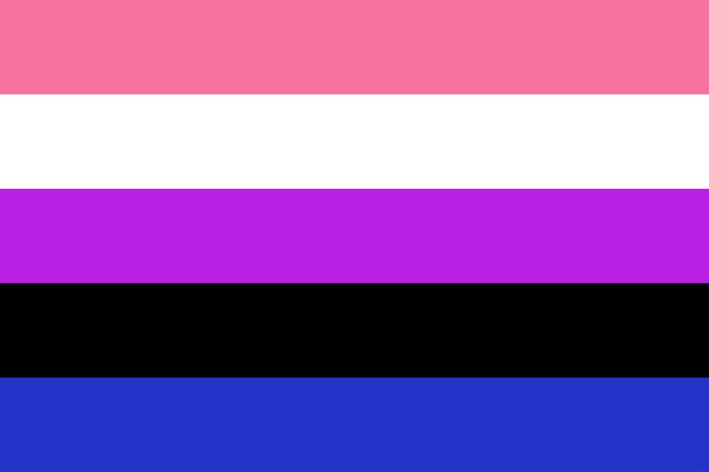 La bandera del Orgullo Genderfluid está formada por cinco franjas horizontales: rosa, blanca, violeta, negra y azul.