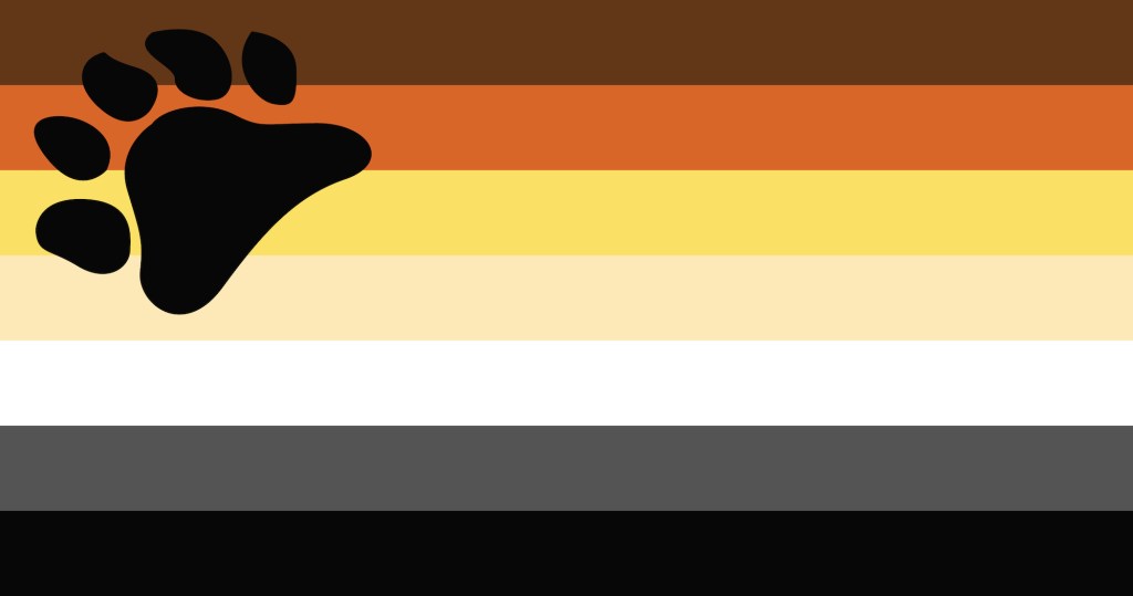 Colores de la bandera LGBT Bear Brotherhood: marrón, amarillo, blanco, gris y negro, con una huella en la esquina superior izquierda