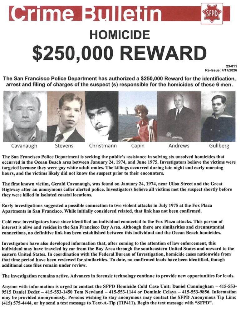 Un cartel del Departamento de Policía de San Francisco que pide información relacionada con los asesinatos de seis hombres homosexuales blancos durante 1974 y 1975.