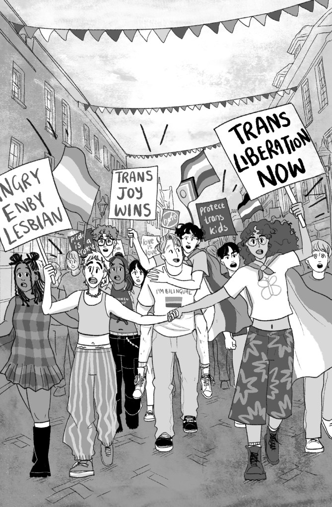 Heartstopper Volumen 6 Ilustración de la marcha del Orgullo.