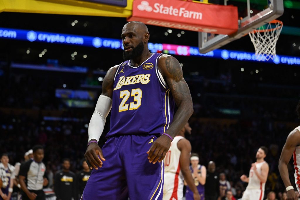 Los Angeles, CA - April 29: LeBron James #23 of the Los Angeles Lakers reacts foul against the Houston Rockets in the second half of game 5 of a Western Conference first-round NBA playoff basketball