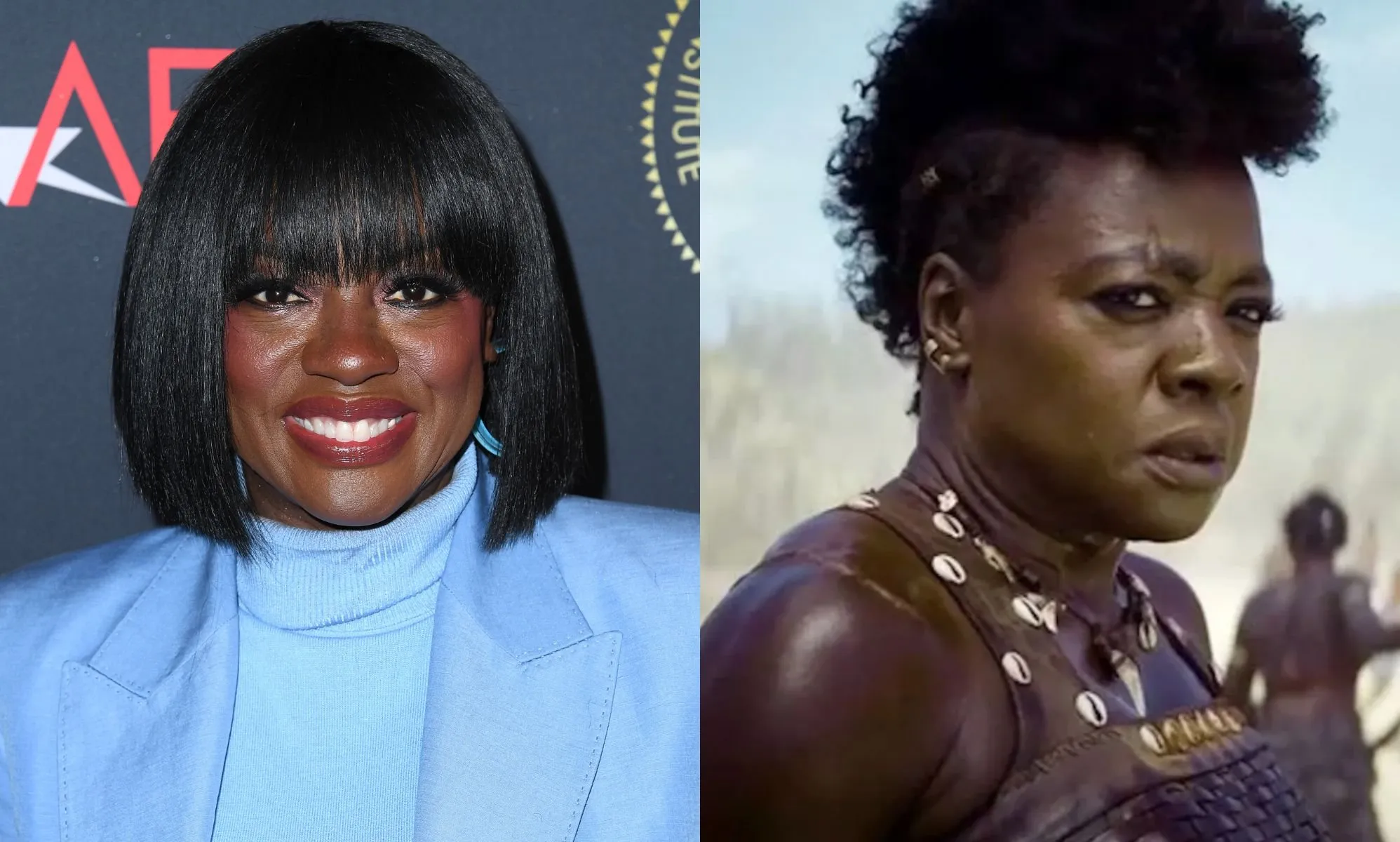 Una imagen de lado a lado de Viola Davis vistiendo un jersey de cuello alto azul y una chaqueta azul en la alfombra roja en el almuerzo de AFI junto a una captura de pantalla de su película The Woman King.