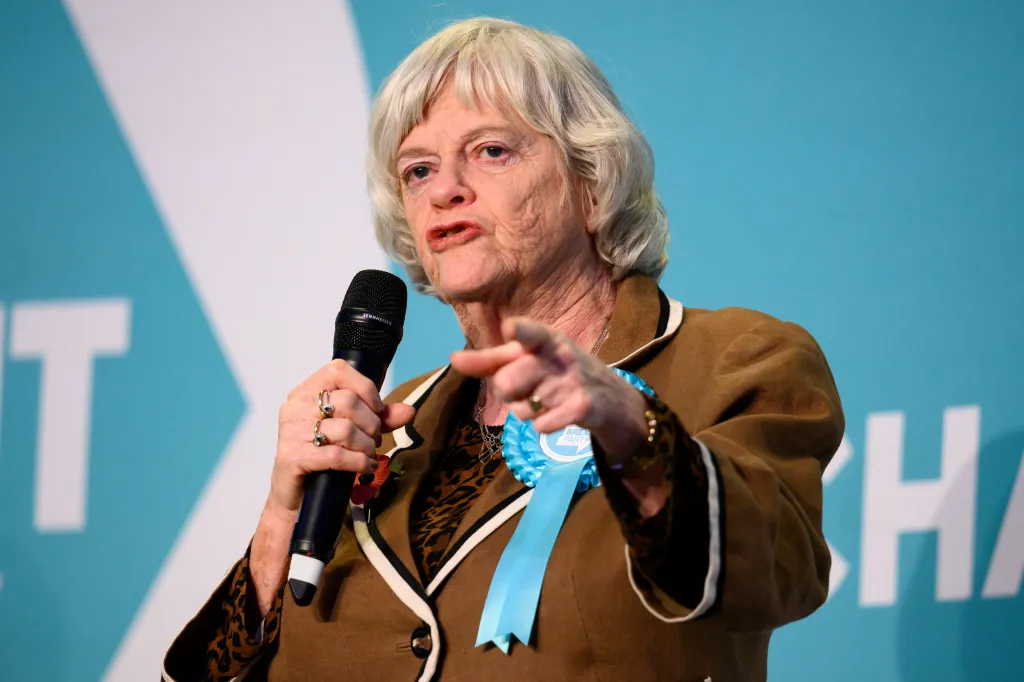 Ann Widdecombe en el escenario con un traje marrón pronunciando un discurso