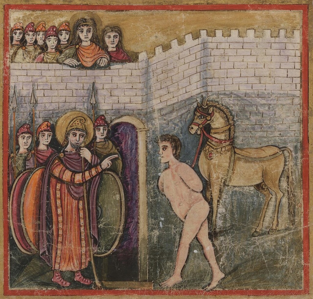 Sinon representada con el caballo de Troya