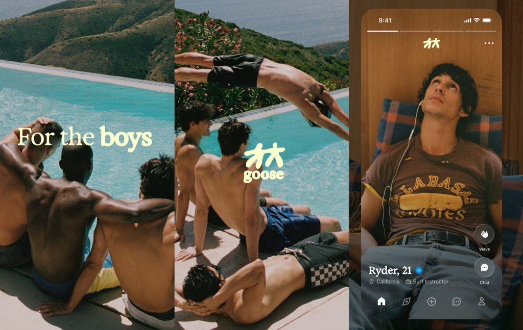 Three images of the Goose app, two with men jumping into a sunny pool and the third with an account of Ryan, 21 with a man looking up with headphones