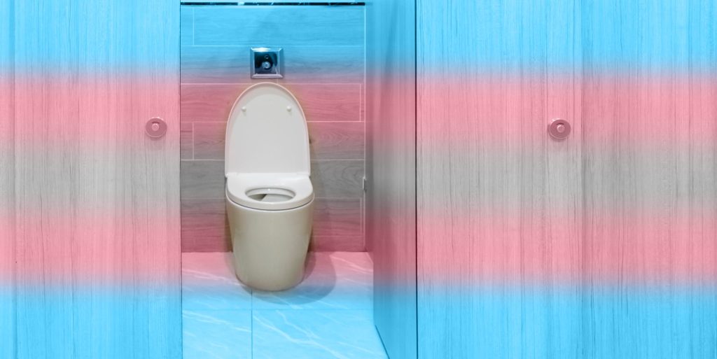 bathroom stall with trans pride colours