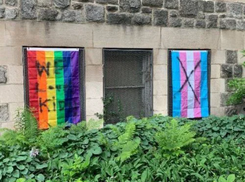 Las banderas con pintura en aerosol.